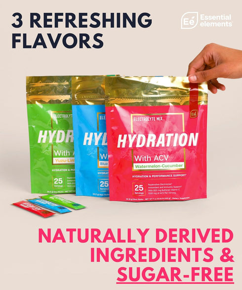 Essential Elements Hydration Packets - Sugar Free Electrolytes Variety Pack - 15 Stick Packs with ACV & Vitamin C