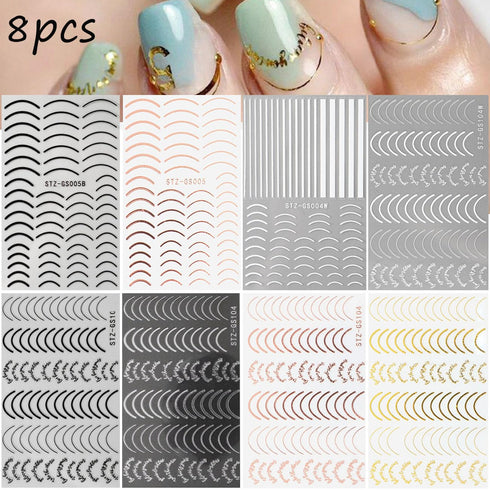 Line Nail Art Stickers, 3D Curved Lines Decals, Gold Silver Black Adhesive Tapes for French Nail Design, 8 Sheets