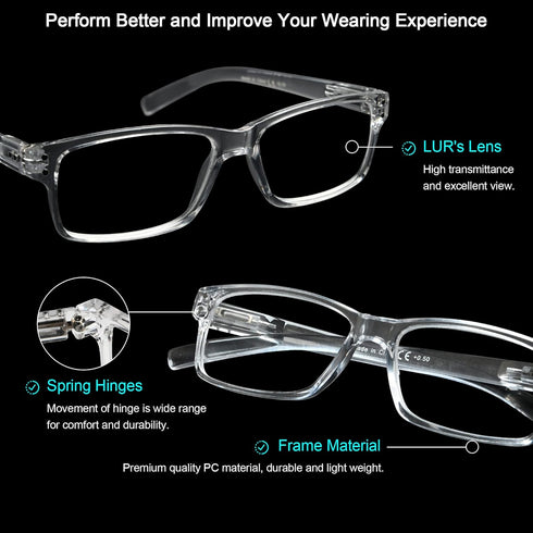 LUR READING GLASSES 6 Pack Comfort Plastic Readers with Spring Hinge (Clear)