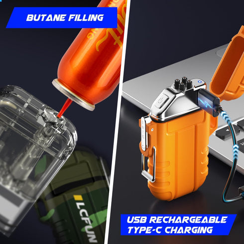 LcFun Waterproof Lighter 2 Pack - Refillable Butane Torch Lighters, USB C Rechargeable Windproof Dual Arc Plasma