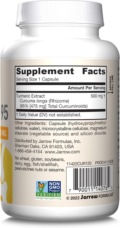 Jarrow Formulas Curcumin 95 500 mg, Turmeric Curcumin Extract for Antioxidant Support, 120 Veggie Capsules
