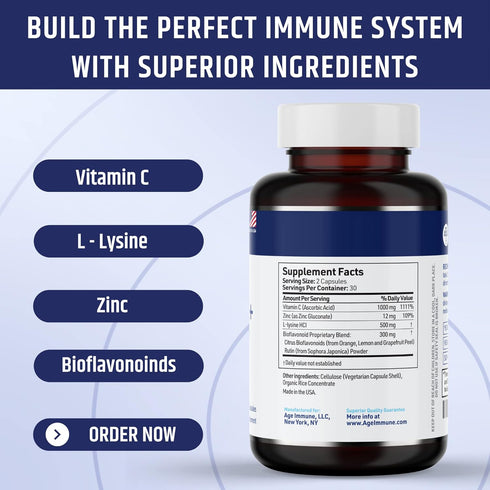 Vitamin C 1000mg Complex with L-Lysine 500mg, Zinc 12mg, Bioflavonoids 300mg for Healthy Immune System Support