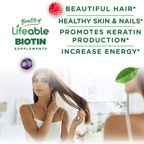 Lifeable Biotin Gummies - 10,000mcg, Great Tasting Hair Skin and Nails Gummies, GMO-Free Vegan Biotin Supplement, 90