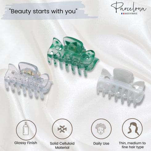 Parcelona French Classic Very Small Claw Clips Set of 3 for Girls Hair Accessories (Clear-White-Shadow Green)