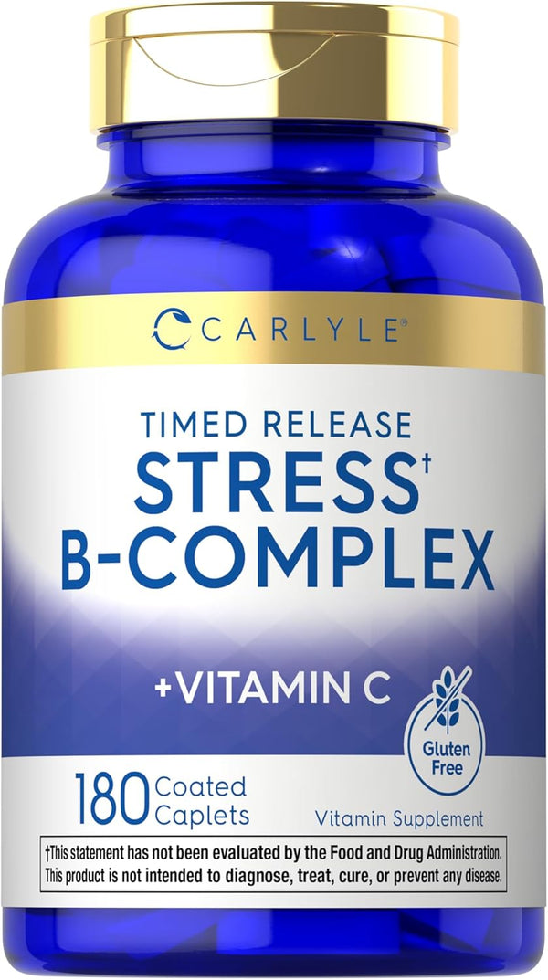Carlyle Stress B-Complex Vitamin Supplement | 180 Caplets | with Vitamin C | Non-GMO, Gluten Free