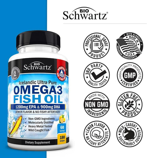 Triple Strength Omega 3 Fish Oil Supplement - 2250mg EPA DHA from Wild Caught Fish for Joint & Brain Health - 180