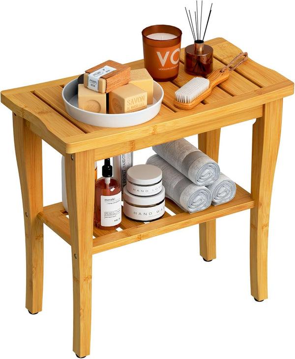 Bamboo Shower Bench Stool with Storage Shelf, Waterproof Shower Chair for Indoor or Outdoor Use, Bathroom Bench Seat