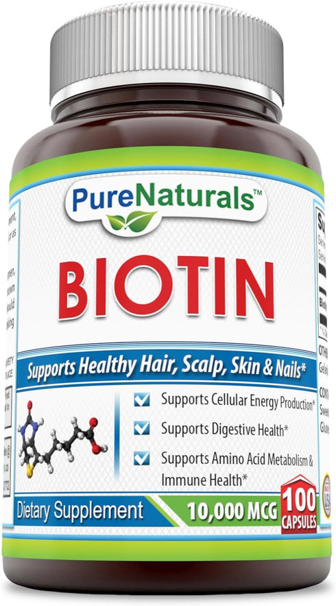 Pure Naturals Biotin 10,000 Mcg - 100 Capsules for Healthy Skin & Hair