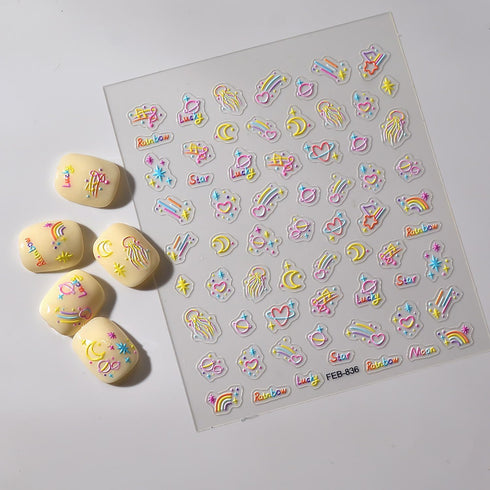 Cute Nail Art Stickers, 5D Embossed Star Moon Heart Design, Colorful Self-Adhesive Nail Decals for Women Girls DIY