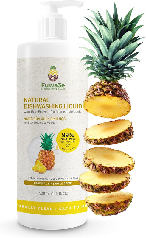 Fuwa3e Natural Dish Soap, 16.9oz, Tropical Pineapple Scent, 99% Plant Based, Hypoallergenic from Discarded Pineapple
