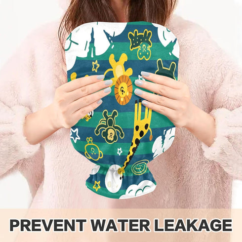 miaozhen 2L Funny Giraffe Monkey Stripe Green Blue Cute hot Water Bottle with Soft Cover hot Compress for Period Cramps