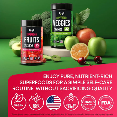Fruits and Veggies Supplement - High Fiber for Immunity, Gut & Energy - Super Reds & Greens with Marshmallow Root - 240