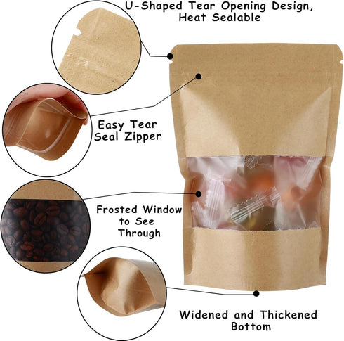 150 Kraft Mylar Bags for Food Storage, 6X9 Mylar Bags with Window, Resealable Bags for Small Business Packaging