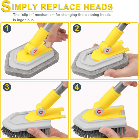 Lalafancy Baseboard Cleaner Tool with Long Handle, 3 Reusable Brush Pads, 52’’ Shower Wall Scrubber for Bathroom