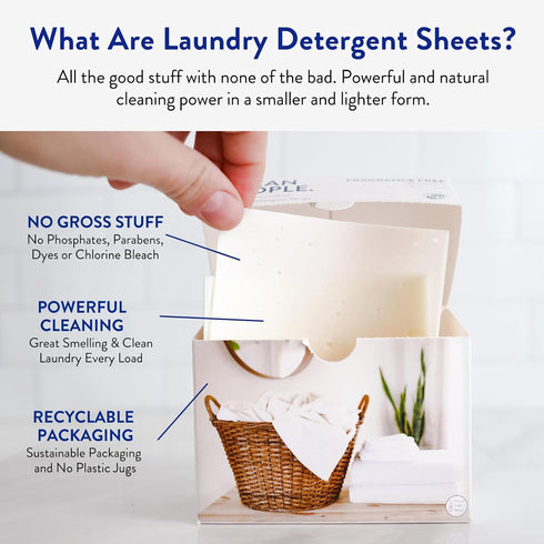 The Clean People Fragrance Free Laundry Detergent Sheets, 32 Pack | Hypoallergenic, Ultra Concentrated, Stain Fighting