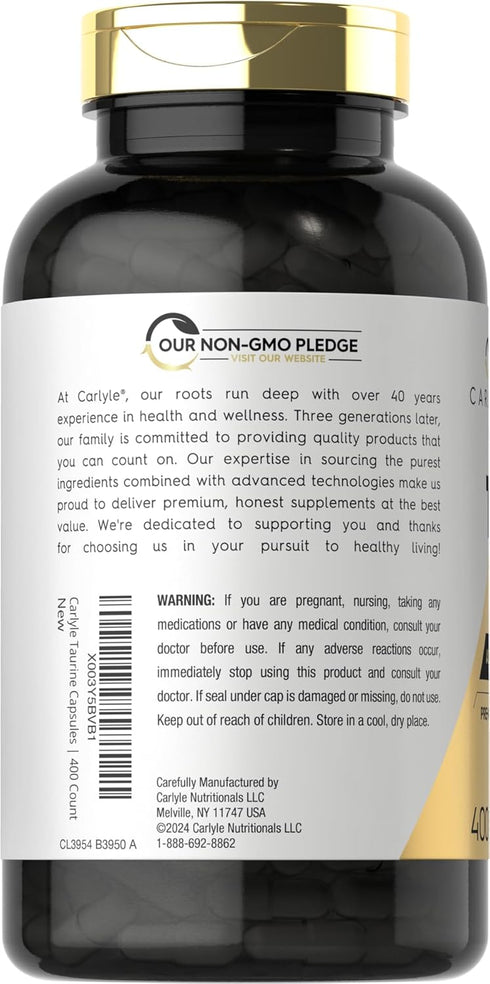 Carlyle Taurine 1000mg Capsules - 400 Count, Free Form, Non-GMO, Gluten Free Supplement