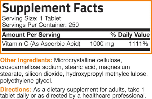 Vitamin C 1000 mg Premium Non-GMO Ascorbic Acid - 250 Tablets for Immune System Support
