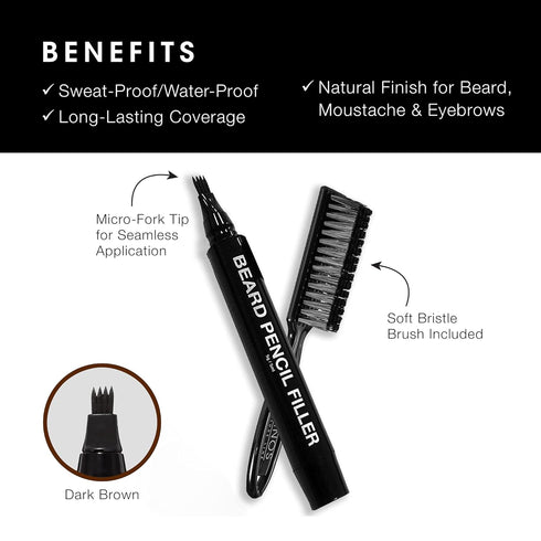Pacinos Beard Pencil Filler - Waterproof, Long Lasting Coverage & Natural Finish for Beard, Moustache, Eyebrows - Dark