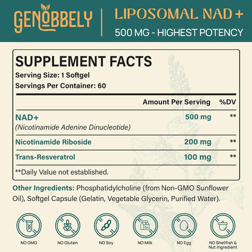 GENOBBELY 800 mg Liposomal NAD+ Supplement with Nicotinamide Riboside 200 mg, Trans-Resveratrol 100 mg - True NAD Supplement for DNA Repair, Healthy Aging, Brain Function - 60-Day Supply