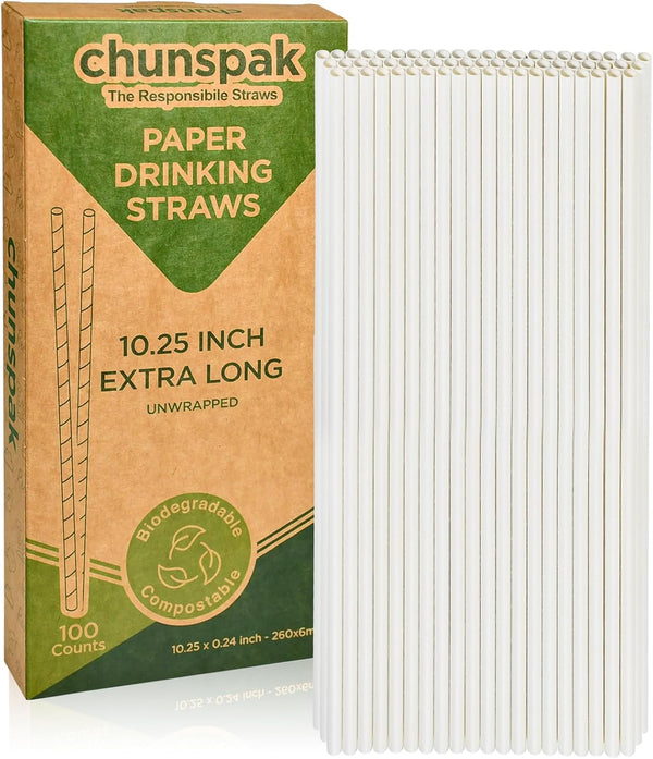 10 Inch Long White Paper Drinking Straws, 0.24" Diameter, 100 Counts