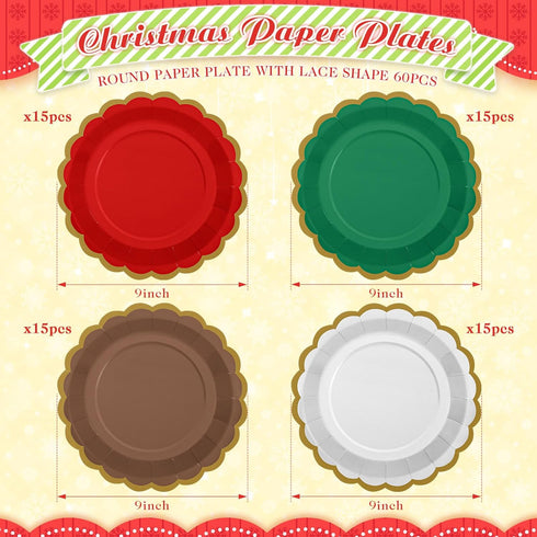 Tiangrid 60 9 Inch Pcs Christmas Paper Party Plates Scalloped Disposable Dessert Plates for Coquette Bridal Pink Bow