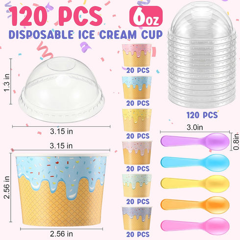 Jingmore 120 Set 6oz Ice Cream Paper Cups with Lids and Spoons, Disposable Sundae Bowls, Dessert Cups for Birthday