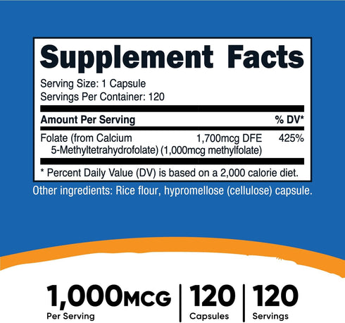 Nutricost Methylfolate 1000mcg, 120 Vegetarian Capsules - Gluten Free, Non-GMO