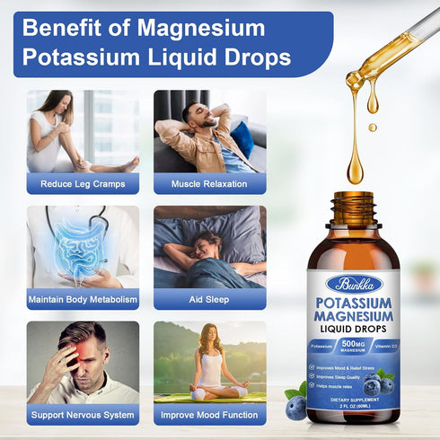 Potassium Magnesium Supplement, Potassium Magnesium Supplement with Calcium, Vitamin D3, Zinc, Sugar Free & Vegan Liquid Drops Supplement for Leg Cramps, Energy, Metabolism, for Adult and Kid