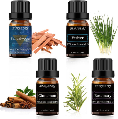 Sandalwood, Vetiver, Cinnamon and Rosemary Essential Oil Set, 100% Pure Diffuser Oil