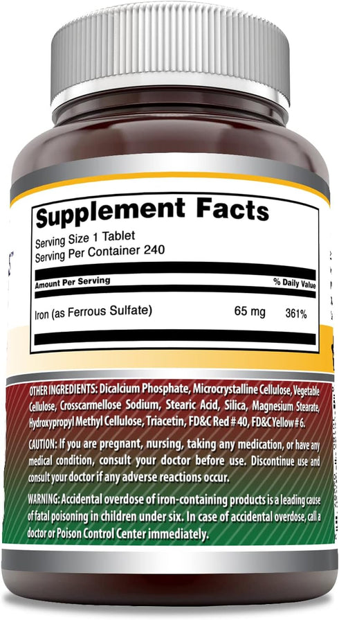Amazing Formulas Iron as Ferrous Sulfate Supplement, 65 Mg, 240 Tablets, Non-GMO