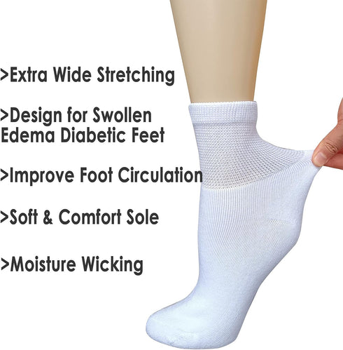 Women's Diabetic Socks, Soft Breathable Moisture Wicking, Extra Wide Non-Binding, 4 Pairs, White, Size 9-11
