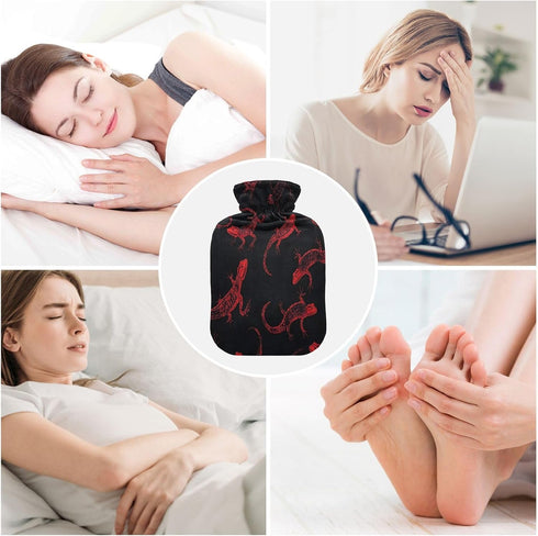 miaozhen 2L Black and Red Halloween Evil Geckoes Cute hot Water Bottle with Soft Cover hot Compress Bag for Arthritis