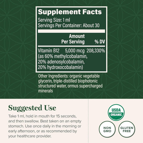 Global Healing Vitamin B12 Sublingual 5000 mcg Organic Liquid Supplement for Long-Lasting Energy, 1 Oz