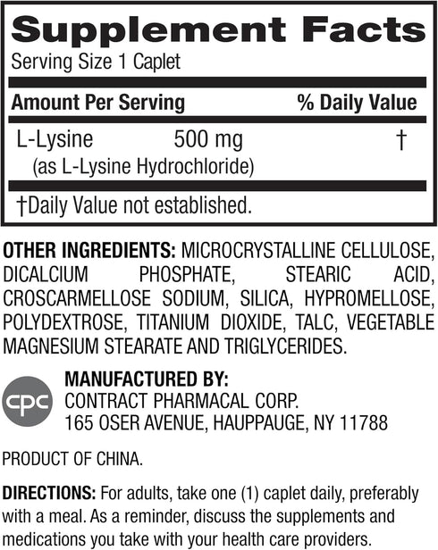 Earth's Splendor L-Lysine 500 mg Dietary Supplement for Men & Women - 100 Caplets