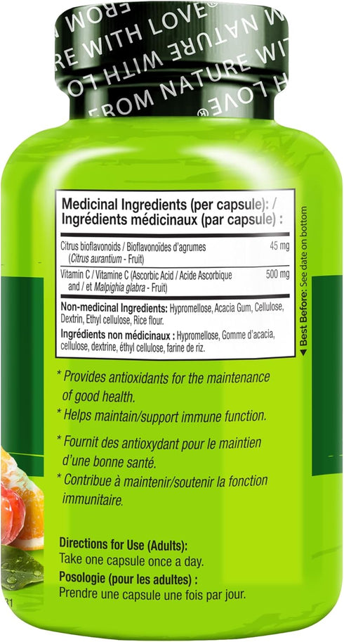 NATURELO Vitamin C Vegan Supplement with Organic Acerola Cherry Extract, 500 mg VIT C per Cap, 90 Capsules