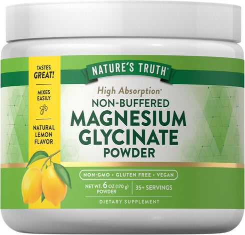 Nature's Truth Magnesium Glycinate Powder, 6 oz, Lemon Flavor, High Absorption, Vegan, Non-GMO, Gluten Free Supplement