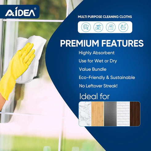 AIDEA Microfiber Cleaning Cloths, White, 100PK, Absorbent, Lint-Free, 11.5 in. x 11.5 in.