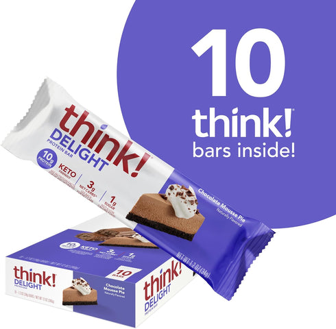 think! Delight Protein Bars - Low Carb, Gluten Free Snack, Chocolate Mousse Pie, 10 Count (Packaging May Vary)