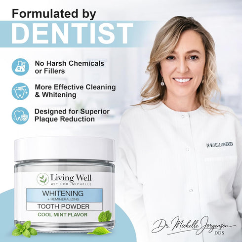 Living Well with Dr. Michelle Remineralizing & Whitening Tooth Powder Cool Mint | Fluoride-Free Hydroxyapatite Formula