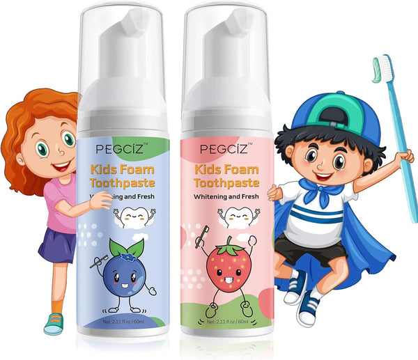 Toddler Foam Toothpaste with Low Fluoride for U Shaped Toothbrush, Foaming Dental Care for Kids (Strawberry+Blueberry)
