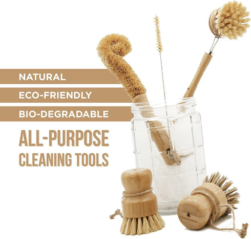TRESSTONES Set Natural Bamboo Dish Brush with Holder - Eco Friendly Wooden Dish Brush