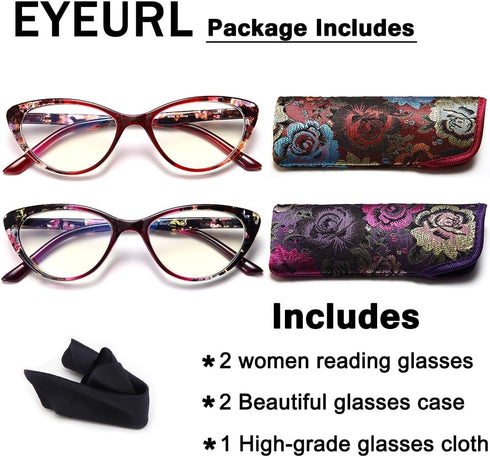 EYEURL Cat Eye Reading Glasses for Women, 2 Pack Blue Light Blocking Readers +2.5 Vintage Computer Eyeglass
