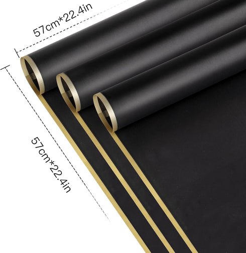 RUSPEPA 20 Sheets Flower Wrapping Paper - Gold Edge Waterproof Floral Bouquet Wrapping Paper - Florist Supplies Packaging Paper for Birthday, Wedding and DIY Crafts - Black
