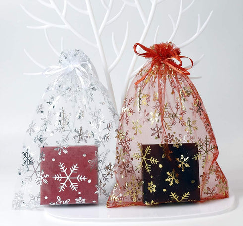SUNGULF 100pcs Organza Pouch Bag, 6"x9" Drawstring Gift Candy Bag for Jewelry Party Wedding Favor (Red Snowflake)