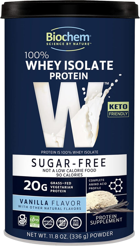 Biochem 100% Whey Sugar-Free Vanilla, 20g, 11.8oz, Certified Vegetarian, Gluten Free, Non-GMO, Keto Friendly