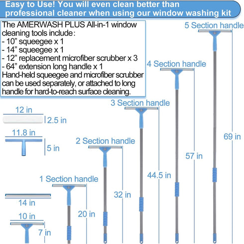 Window Squeegee Washing Kit for High Windows, Shower Glass Door, Mirror Cleaning, with 69-inch Extension Pole & 2