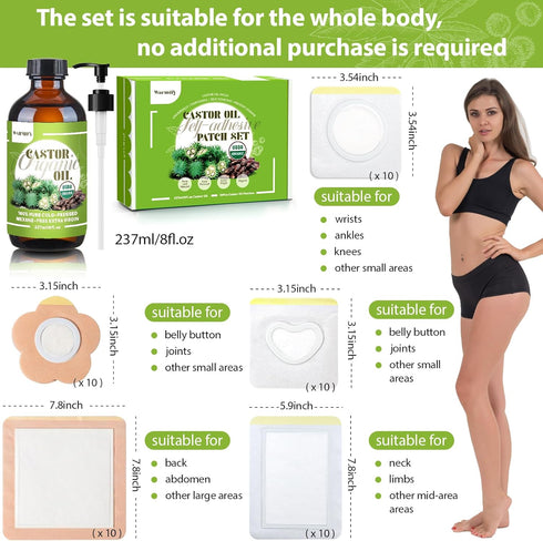 Warmify 50 (8oz) Pack Pcs Castor Oil Patches with Castor Oil Organic Cold Pressed Unrefined Glass Bottle,Cotton Caster