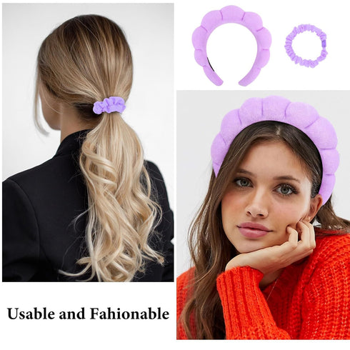 YISSION Purple Spa Headband & Wristband Set, Skincare Headband & Wrist Bands for Washing Face, Makeup Hair Scrunchies