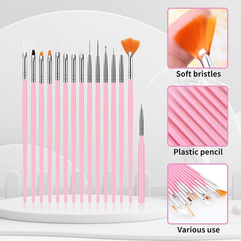 Nail Art Brushes Set, 15Pcs Nail Design Brushes Kit for Home Manicure, Small Detail Brushes for Fine Nail Art DIY