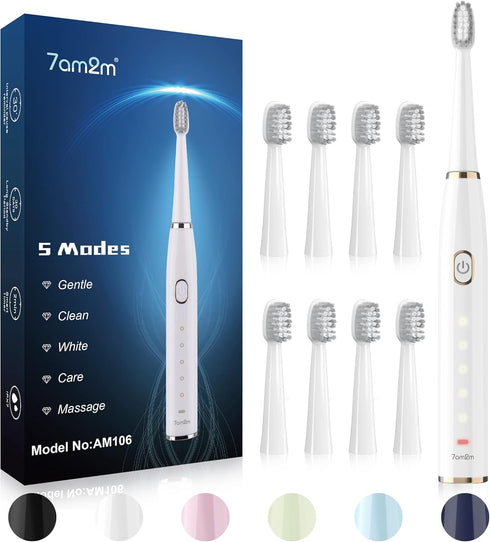 7AM2M Sonic Electric Toothbrush for Adults and Kids, High Power Rechargeable with 8 Brush Heads, 5 Modes, 2-Minute